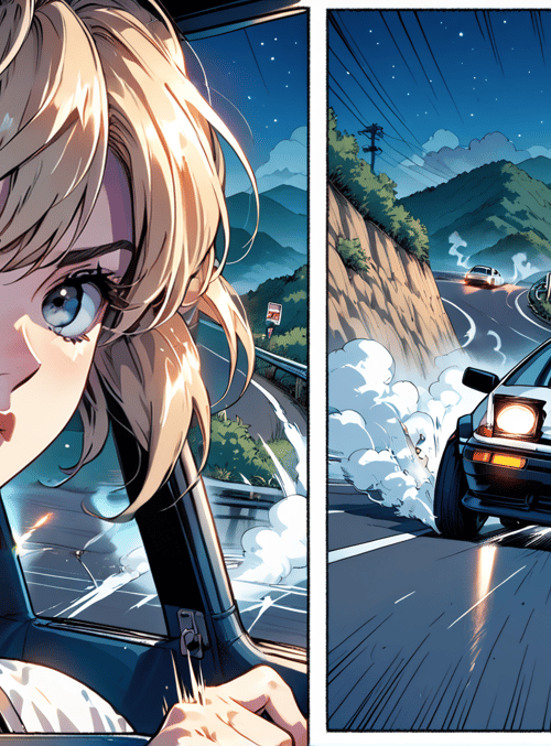 girl, car, road, mountain, sky, stars, smoke, windshield, license plate, earrings