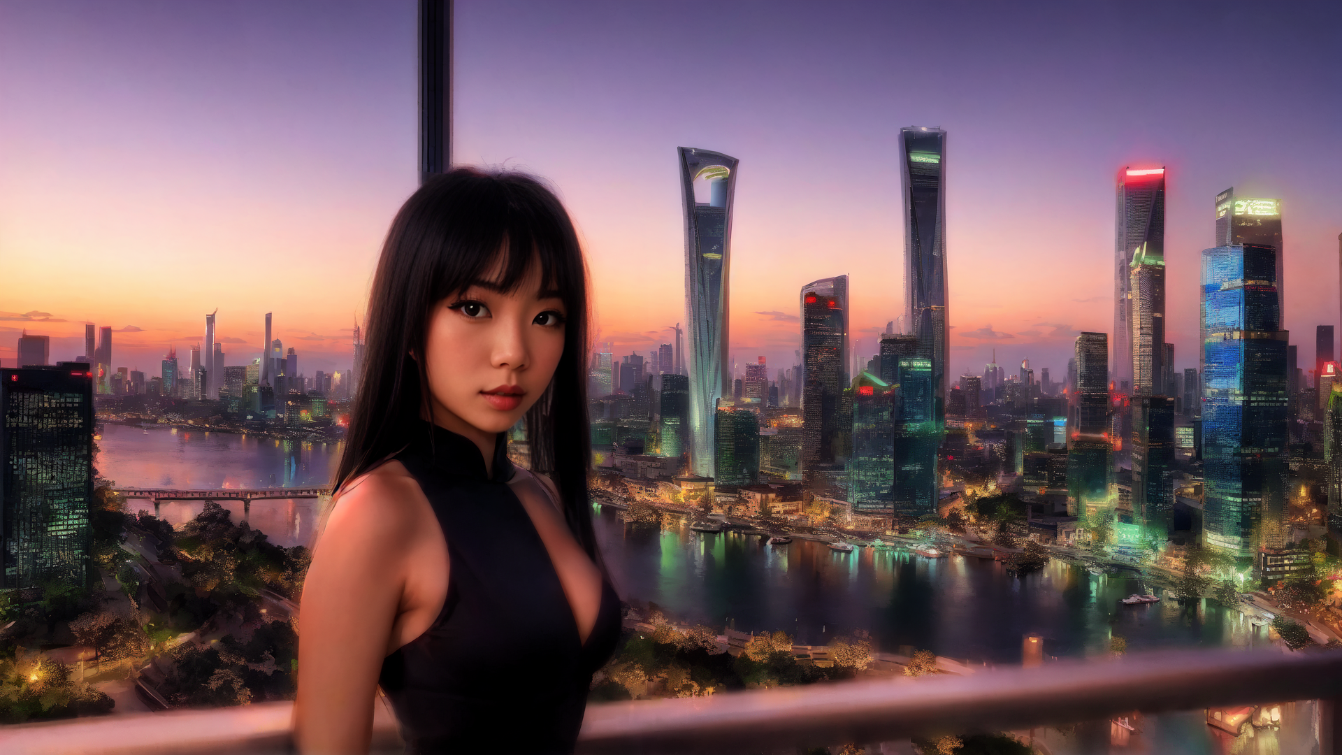 AI generated wallpaper featuring woman, cityscape, river