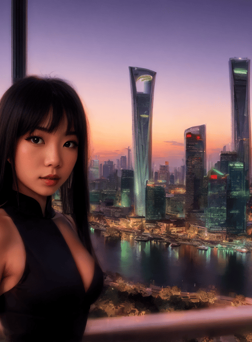 woman, cityscape, river