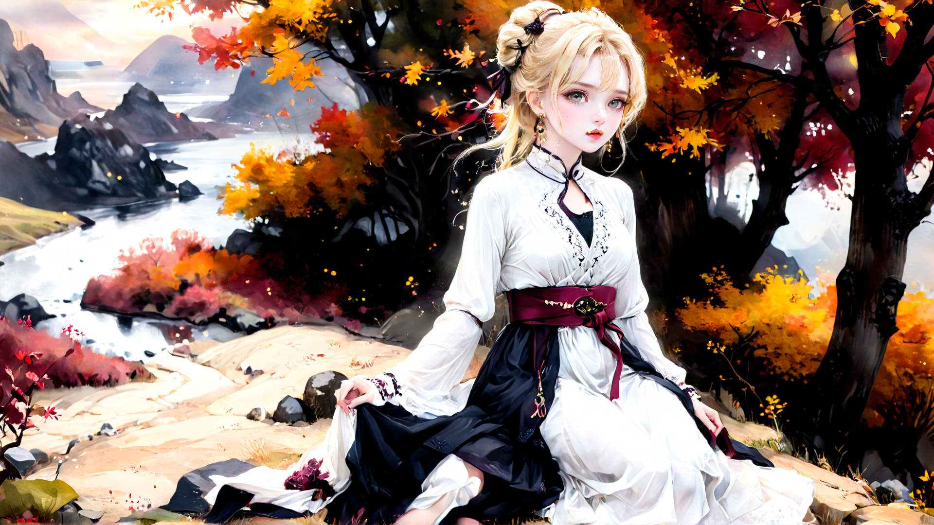 AI generated wallpaper featuring woman, tree, river