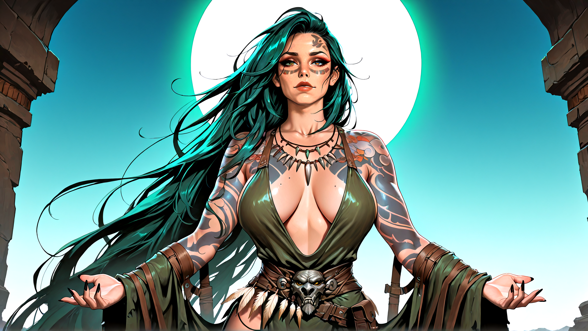 AI generated wallpaper featuring woman, tattooed, archway, moon, feathers, skull