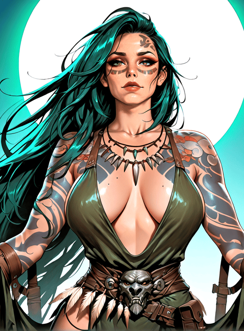 woman, tattooed, archway, moon, feathers, skull