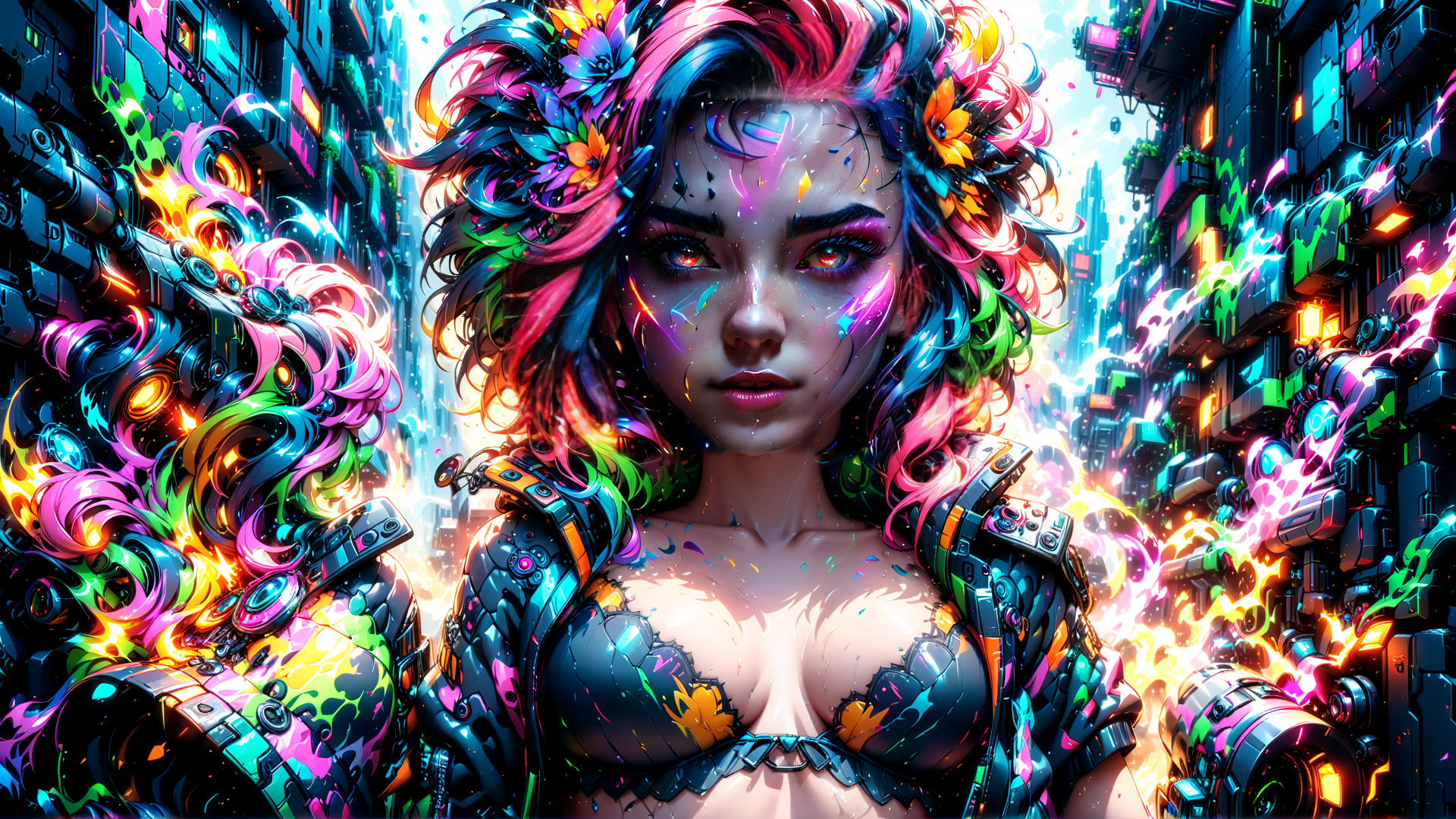AI generated wallpaper featuring woman, cyberpunk, robot