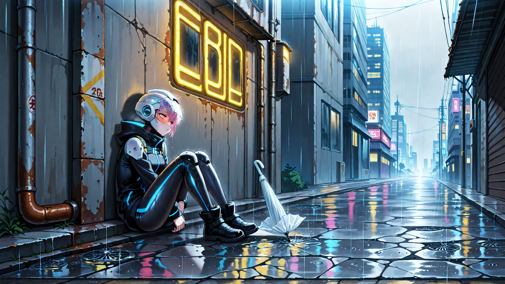 AI generated wallpaper featuring cyborg, girl, umbrella, neon, rain