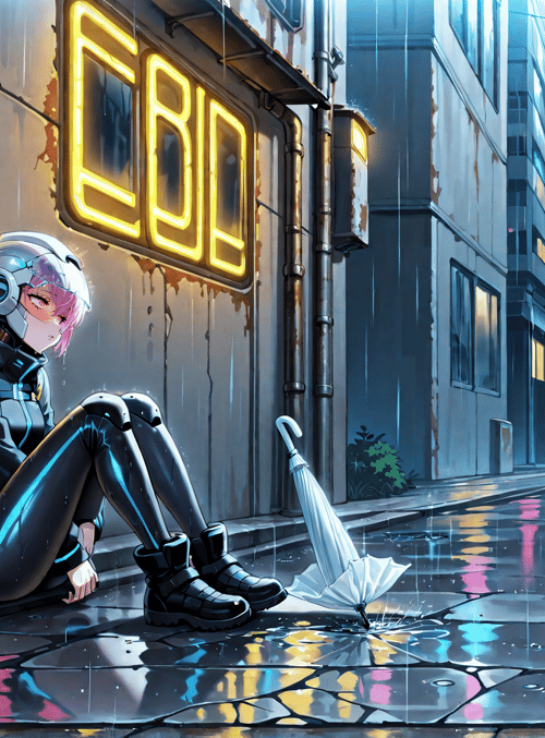 cyborg, girl, umbrella, neon, rain