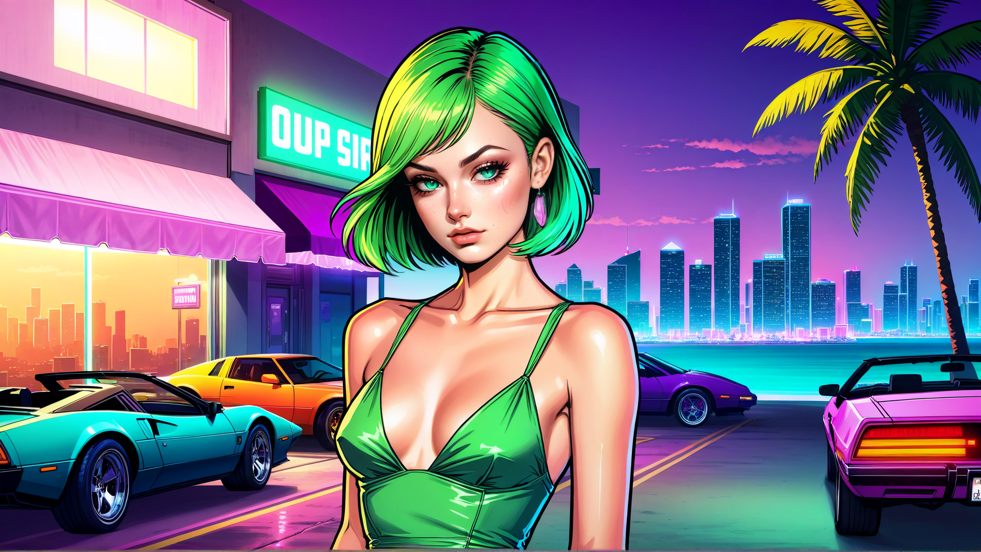 AI generated wallpaper featuring woman, cars, cityscape, palm tree, neon sign