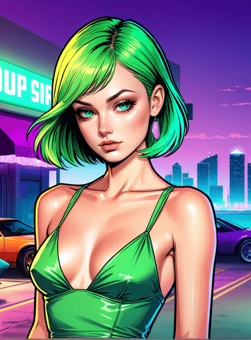 woman, cars, cityscape, palm tree, neon sign