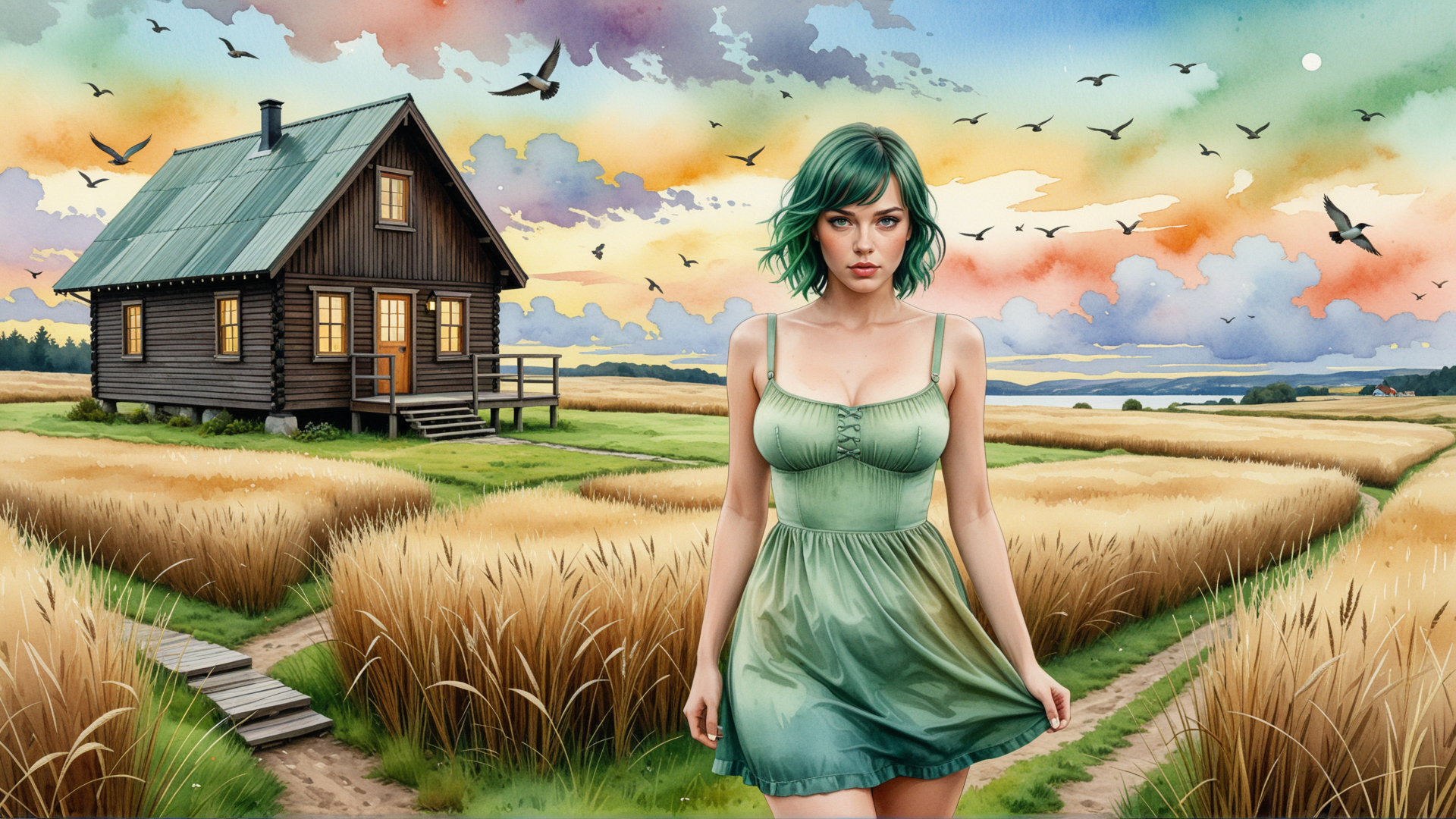 AI generated wallpaper featuring woman, cottage, birds, fields, sky
