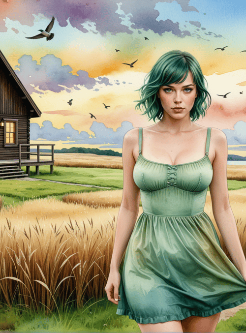 woman, cottage, birds, fields, sky