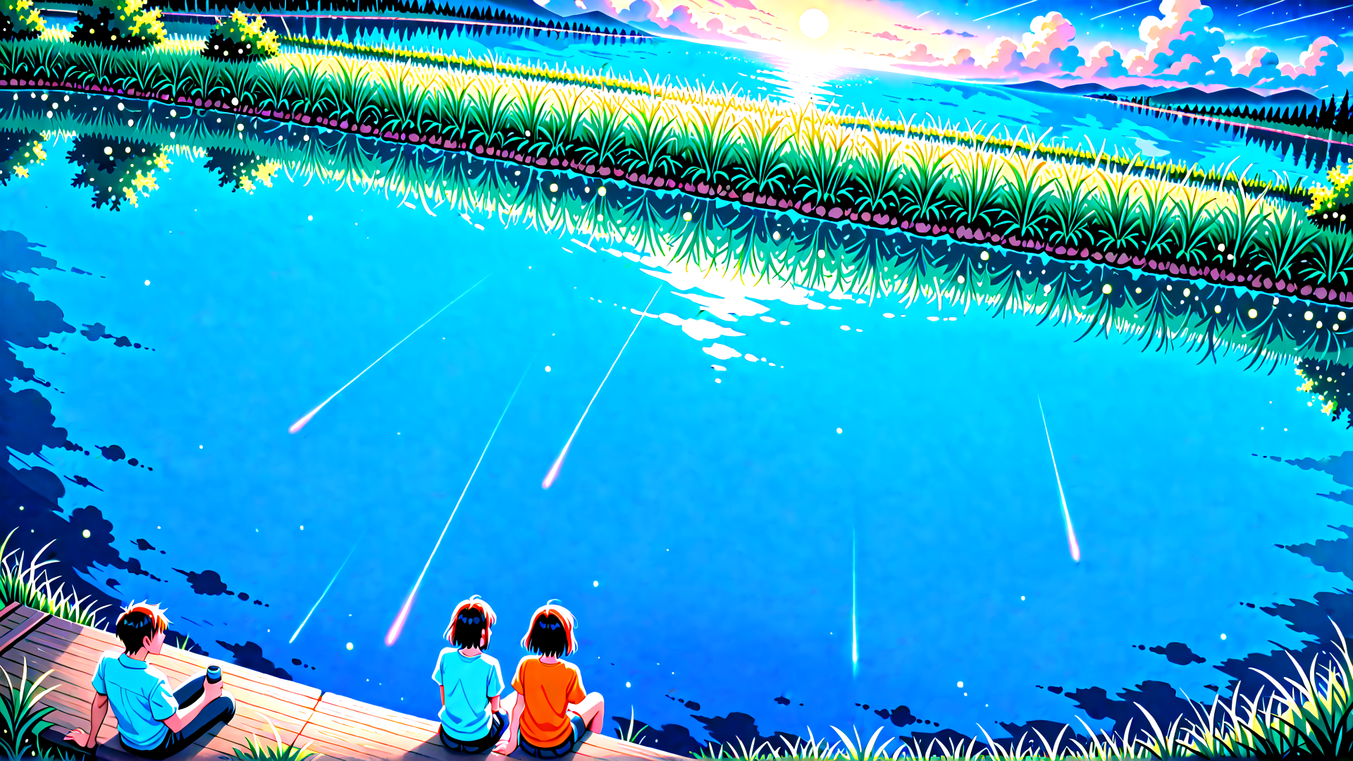 AI generated wallpaper featuring people, lake, stars, meteors, grass, sun, clouds, trees, wooden bench, sky