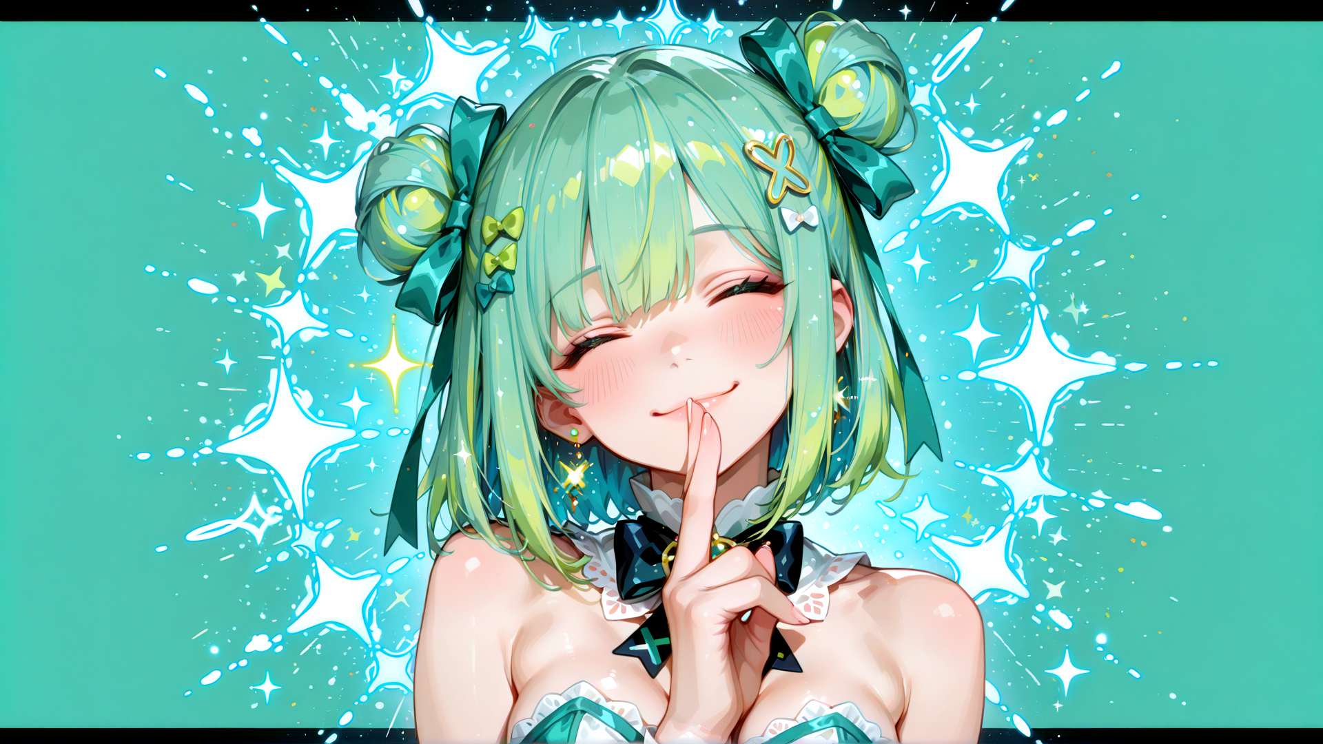 AI generated wallpaper featuring anime girl, green hair, bow, star, finger, dress