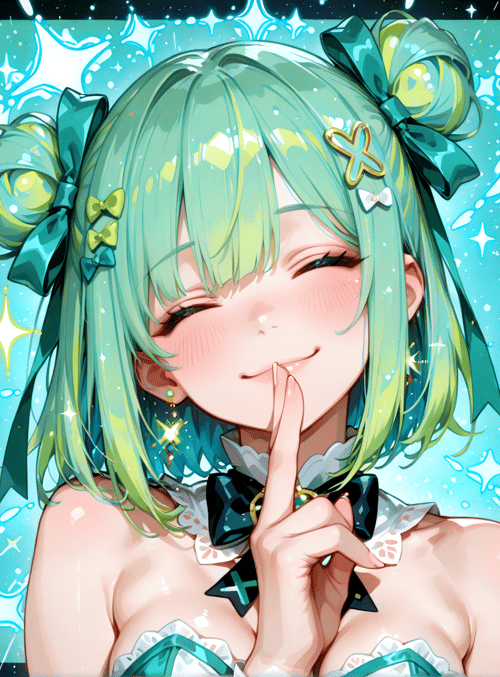 anime girl, green hair, bow, star, finger, dress