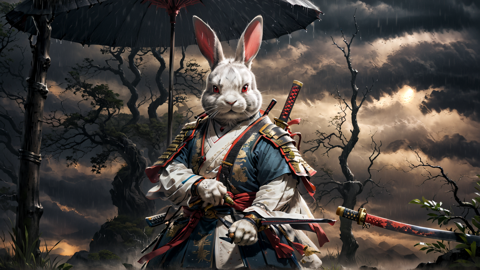 AI generated wallpaper featuring rabbit, samurai, umbrella, swords, armor, rain, trees, moon, clouds, mountains