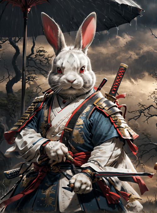 rabbit, samurai, umbrella, swords, armor, rain, trees, moon, clouds, mountains