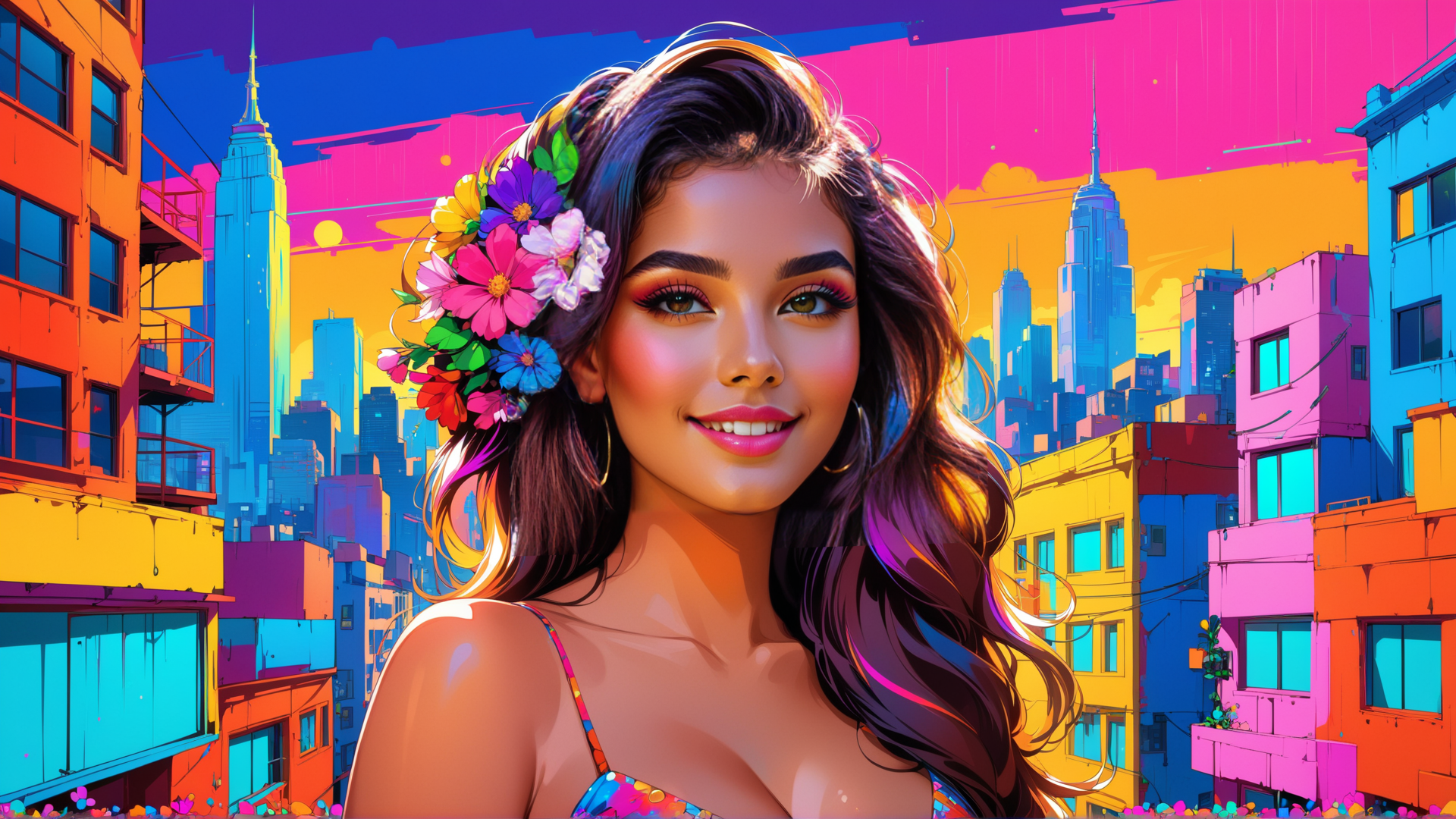 AI generated wallpaper featuring woman, cityscape, flowers