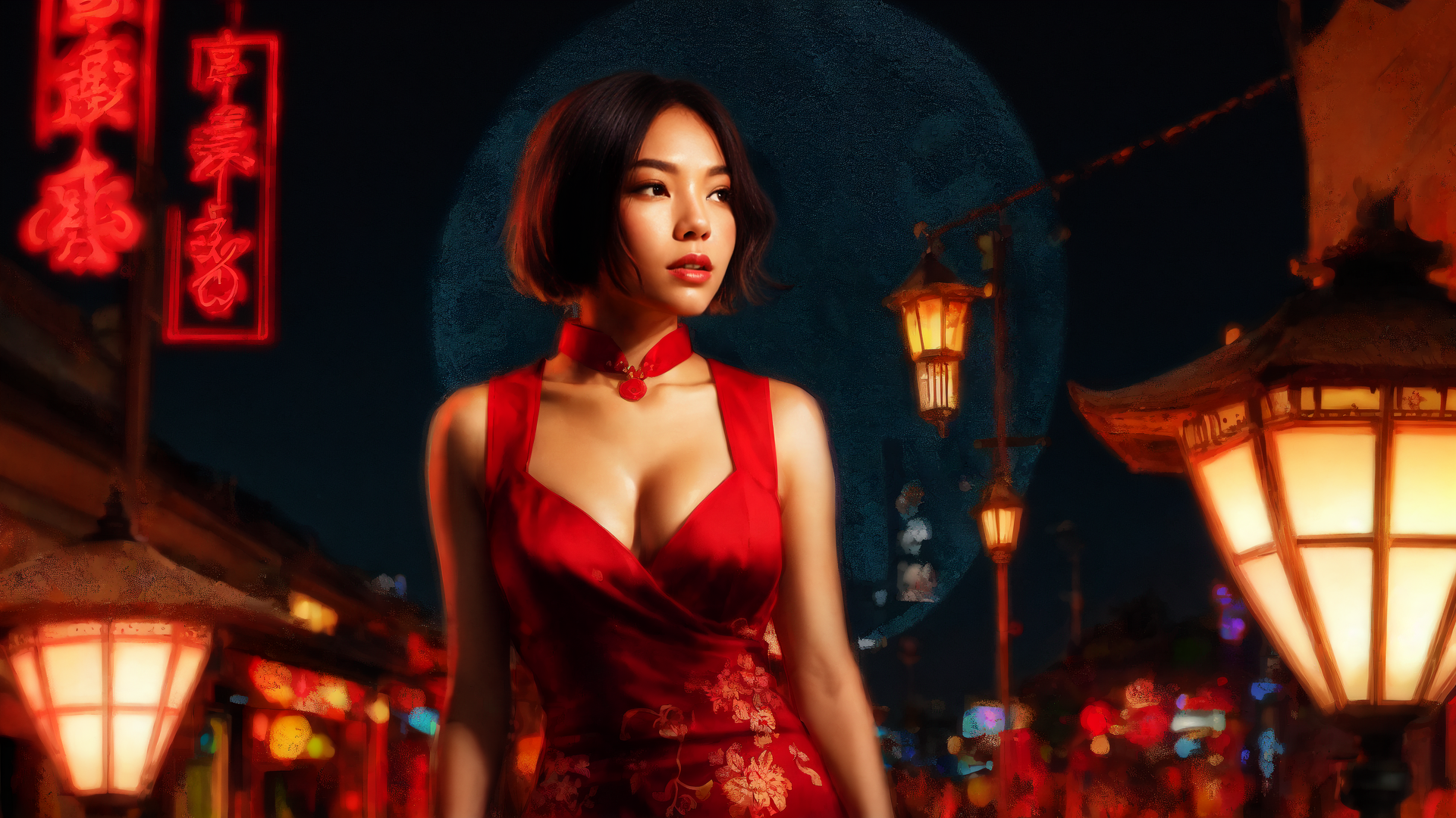 AI generated wallpaper featuring woman, dress, lanterns