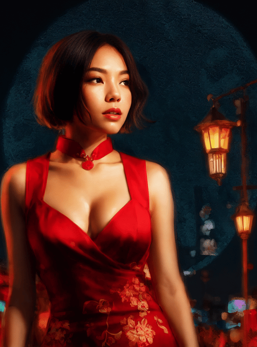 woman, dress, lanterns