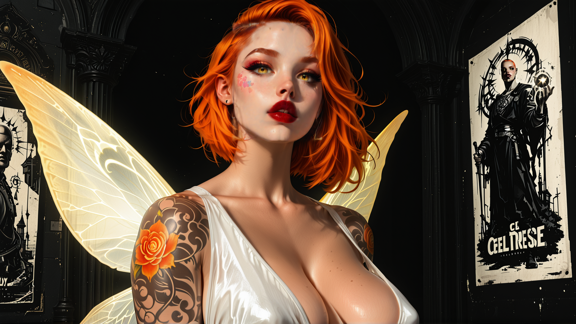 AI generated wallpaper featuring fairy, tattoo, poster, wings, hair, dress