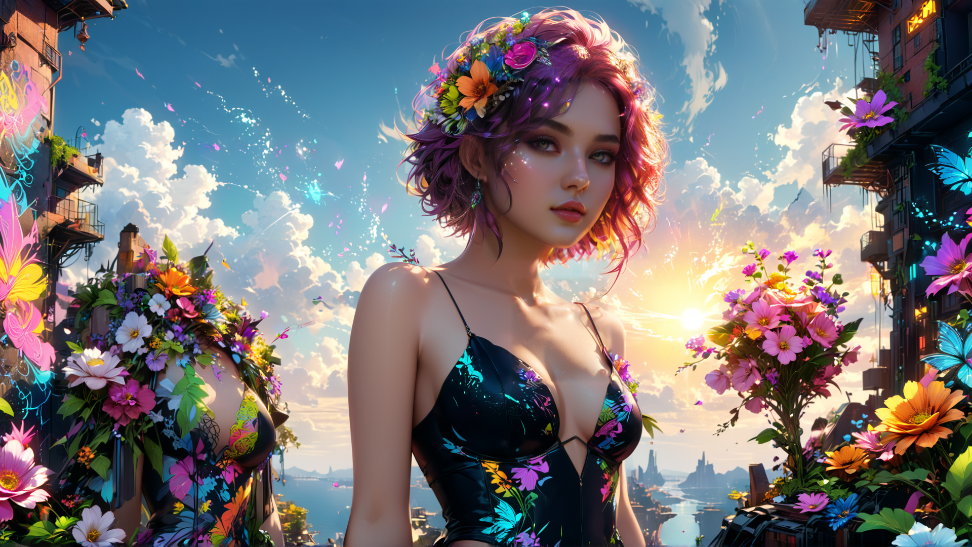 AI generated wallpaper featuring woman, flowers, city