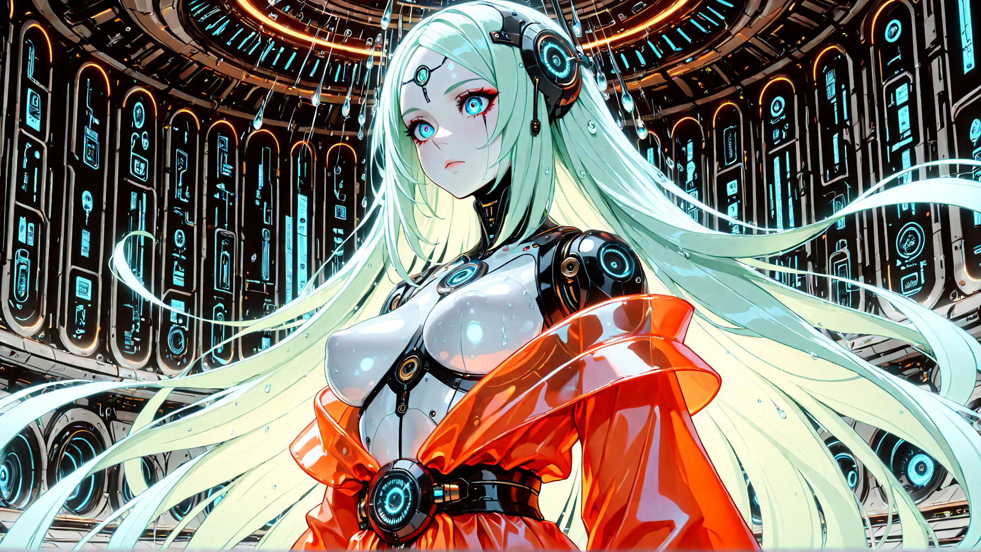 AI generated wallpaper featuring cyborg, girl, robot, anime, character, glasses, headset, long hair, sweater, dress