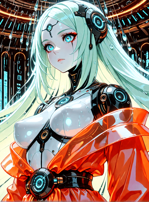 cyborg, girl, robot, anime, character, glasses, headset, long hair, sweater, dress