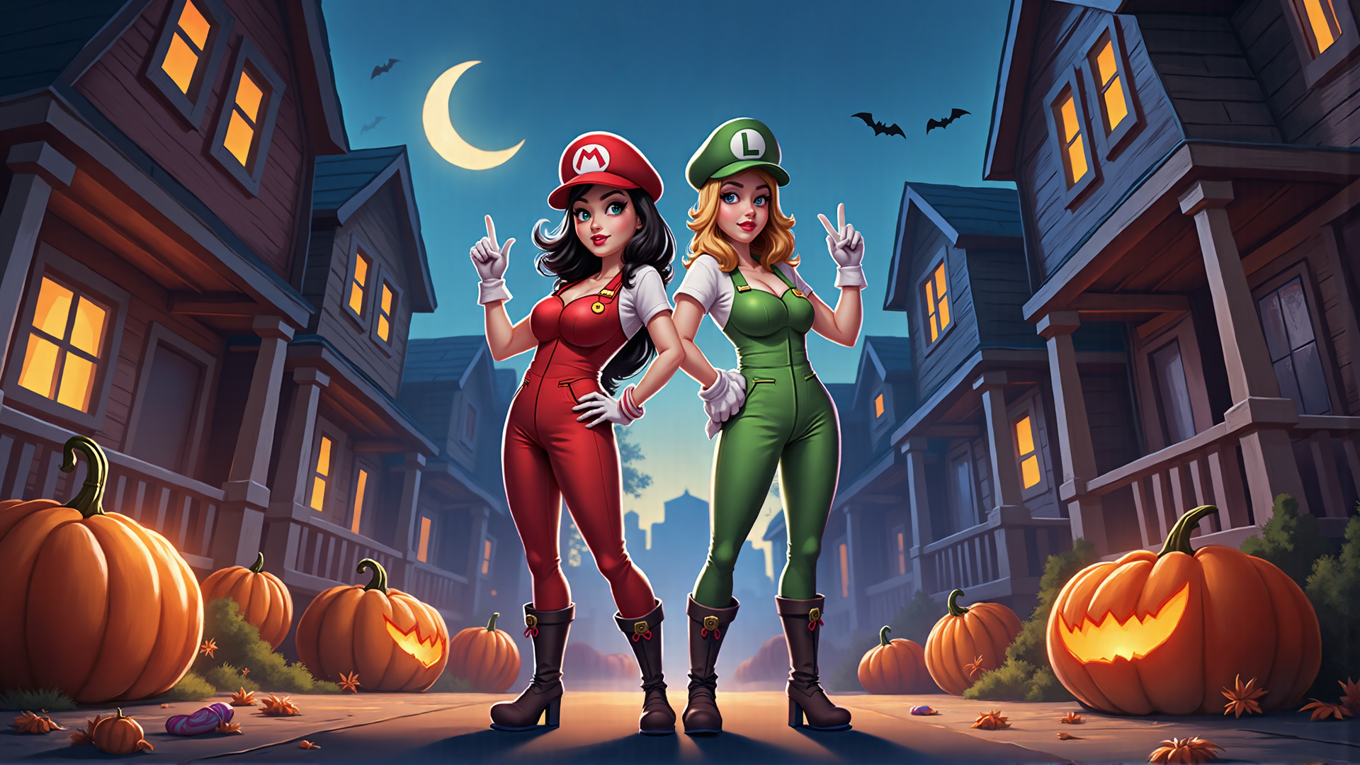 AI generated wallpaper featuring Mario, Luigi, pumpkin, house, moon, bat, boot, cap, street, costume