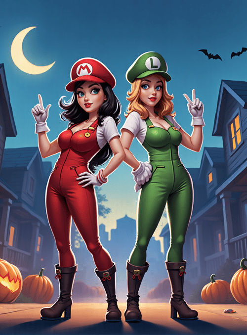 Mario, Luigi, pumpkin, house, moon, bat, boot, cap, street, costume