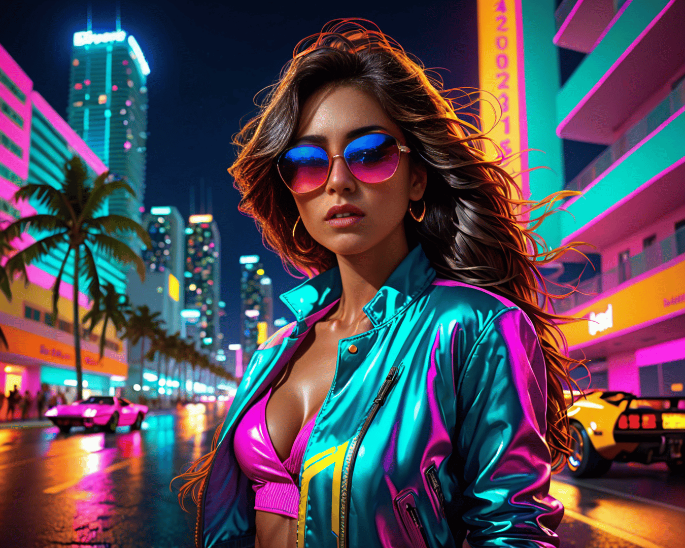 AI generated wallpaper featuring woman, city, cars