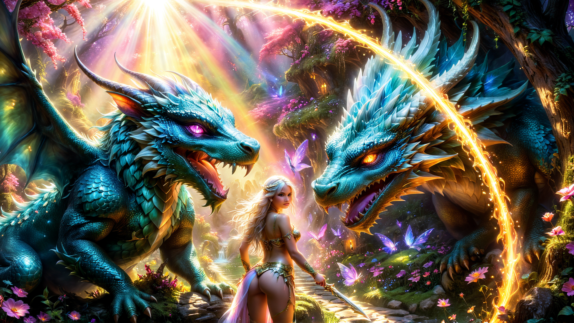 AI generated wallpaper featuring dragon, fairy, butterfly, forest, sunlight