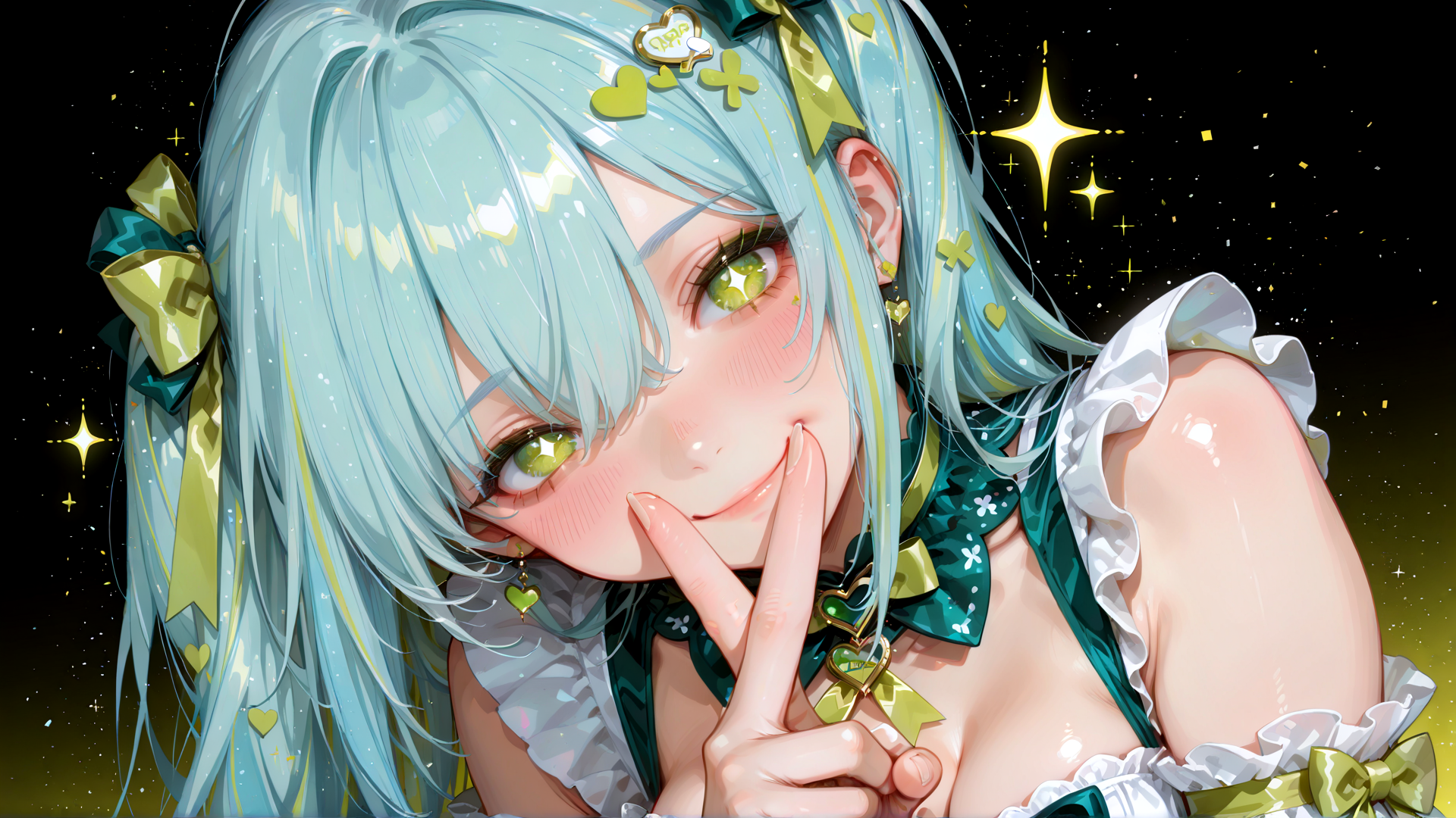 AI generated wallpaper featuring anime girl, maid outfit, blue hair, green eyes, bow