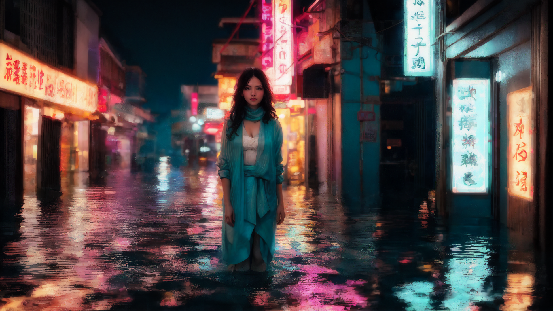 AI generated wallpaper featuring woman, street, neon
