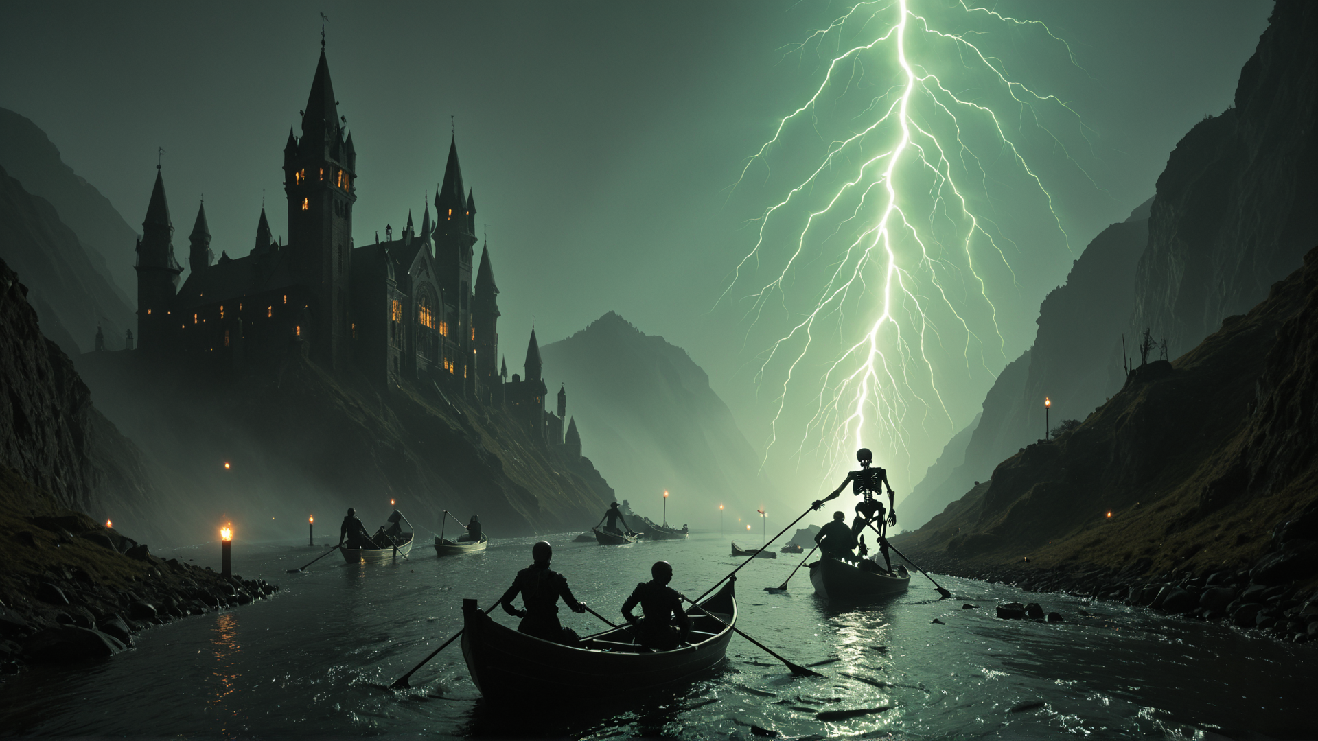 AI generated wallpaper featuring skeleton, castle, boats