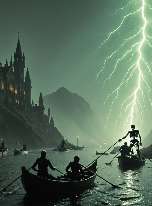 skeleton, castle, boats
