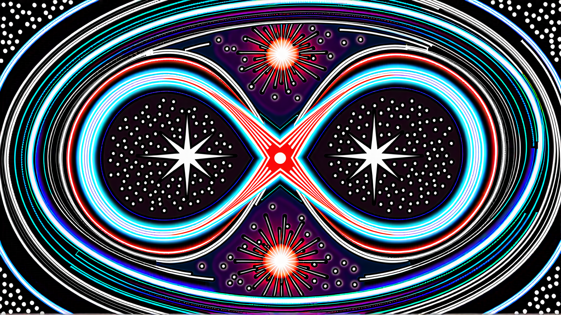 AI generated wallpaper featuring infinity symbol, stars, fireworks