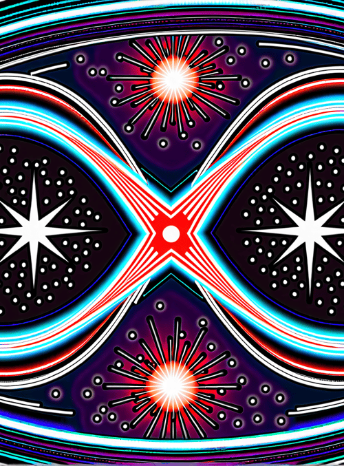 infinity symbol, stars, fireworks