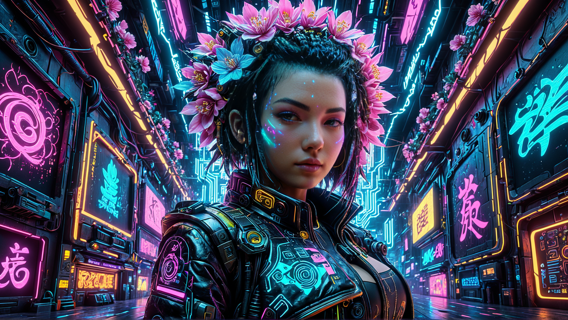 AI generated wallpaper featuring cyborg, woman, neon