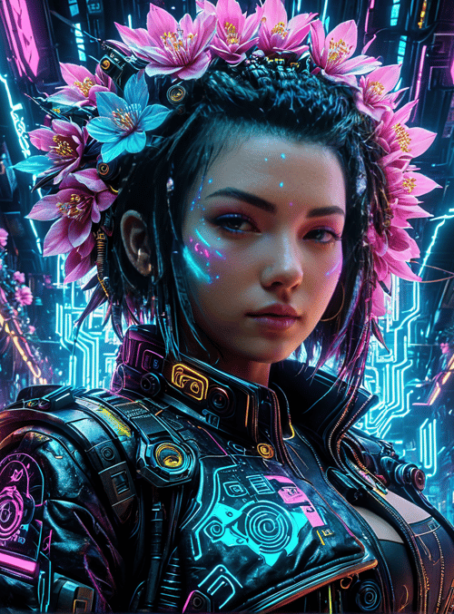 cyborg, woman, neon