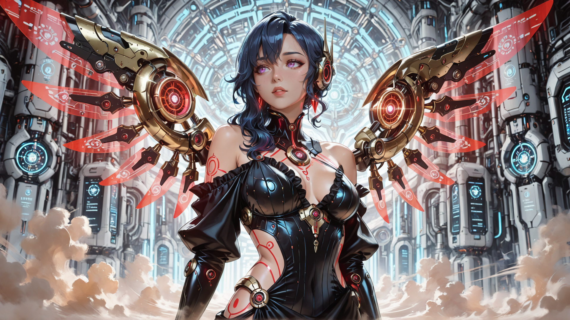 AI generated wallpaper featuring cyborg, robot, mechanical wings, futuristic armor, anime girl
