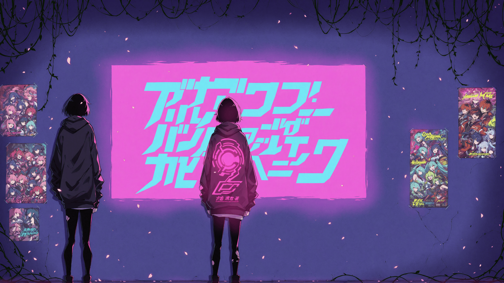 AI generated wallpaper featuring people, wall, posters