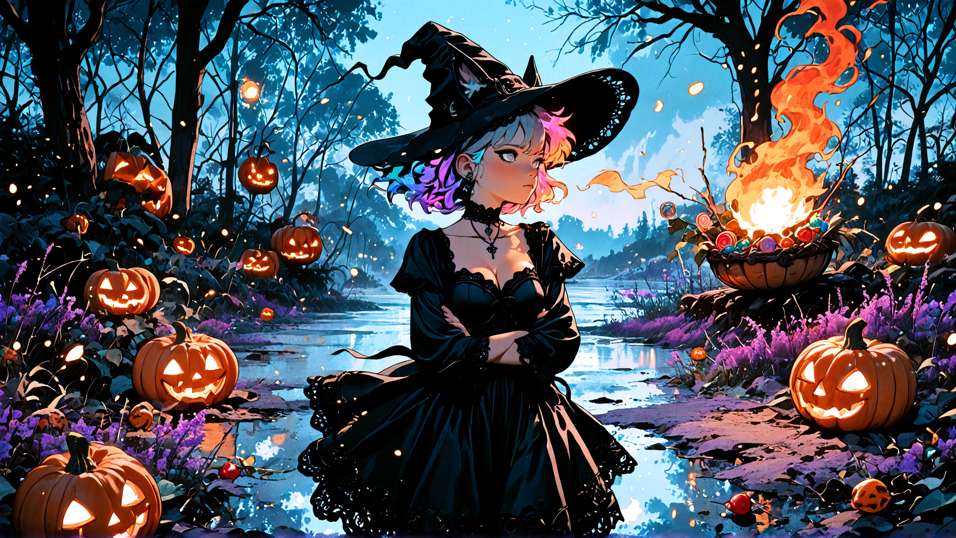AI generated wallpaper featuring witch, pumpkin, forest, river, candle, flower, fire, hat, dress, lollipop
