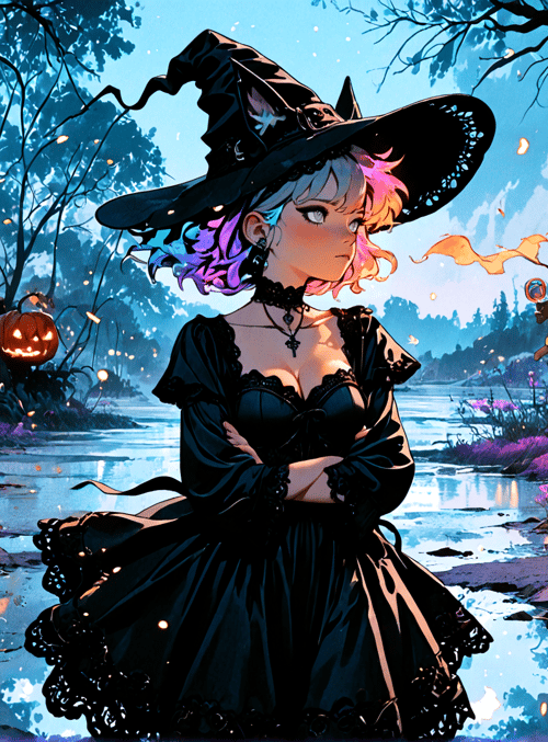 witch, pumpkin, forest, river, candle, flower, fire, hat, dress, lollipop