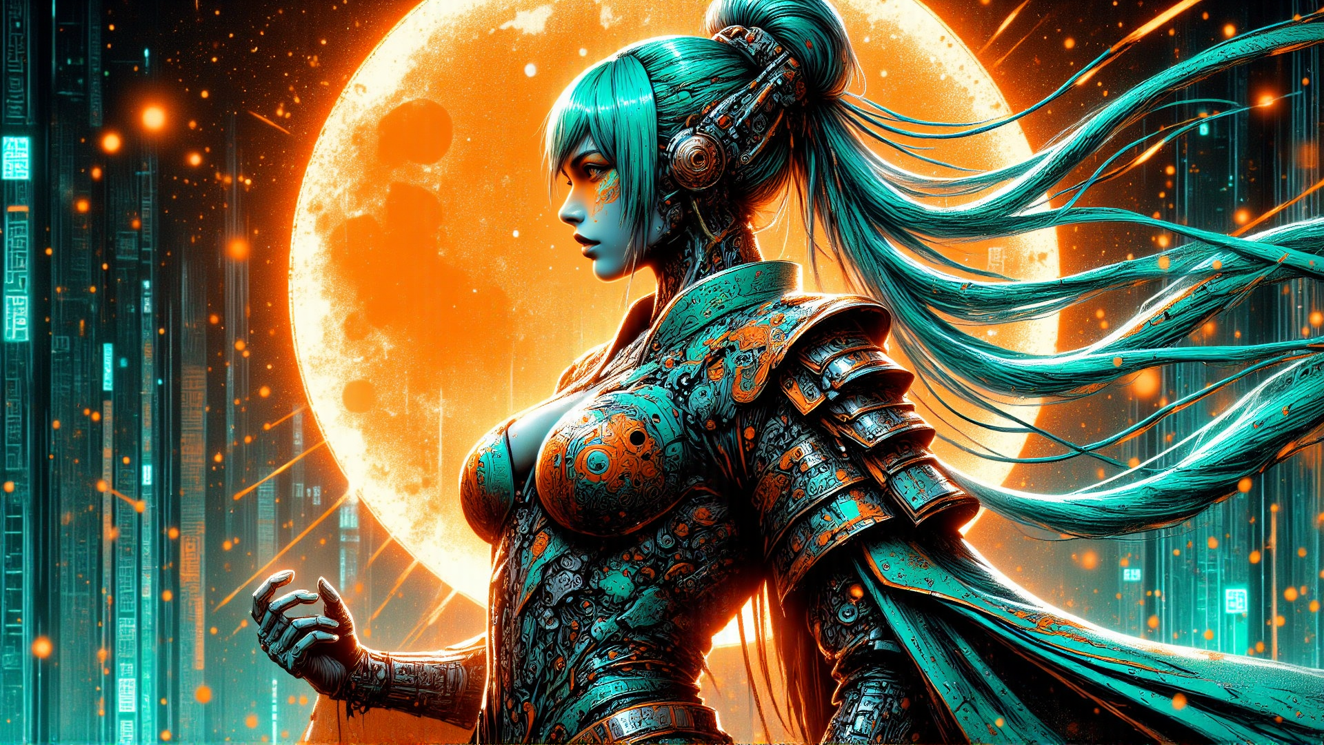 AI generated wallpaper featuring cyborg, woman, armor