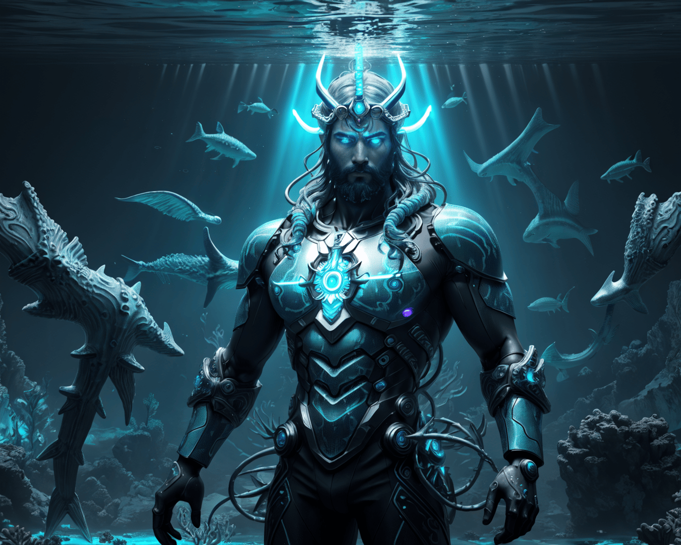 AI generated wallpaper featuring ocean god, cybernetic, swordfish