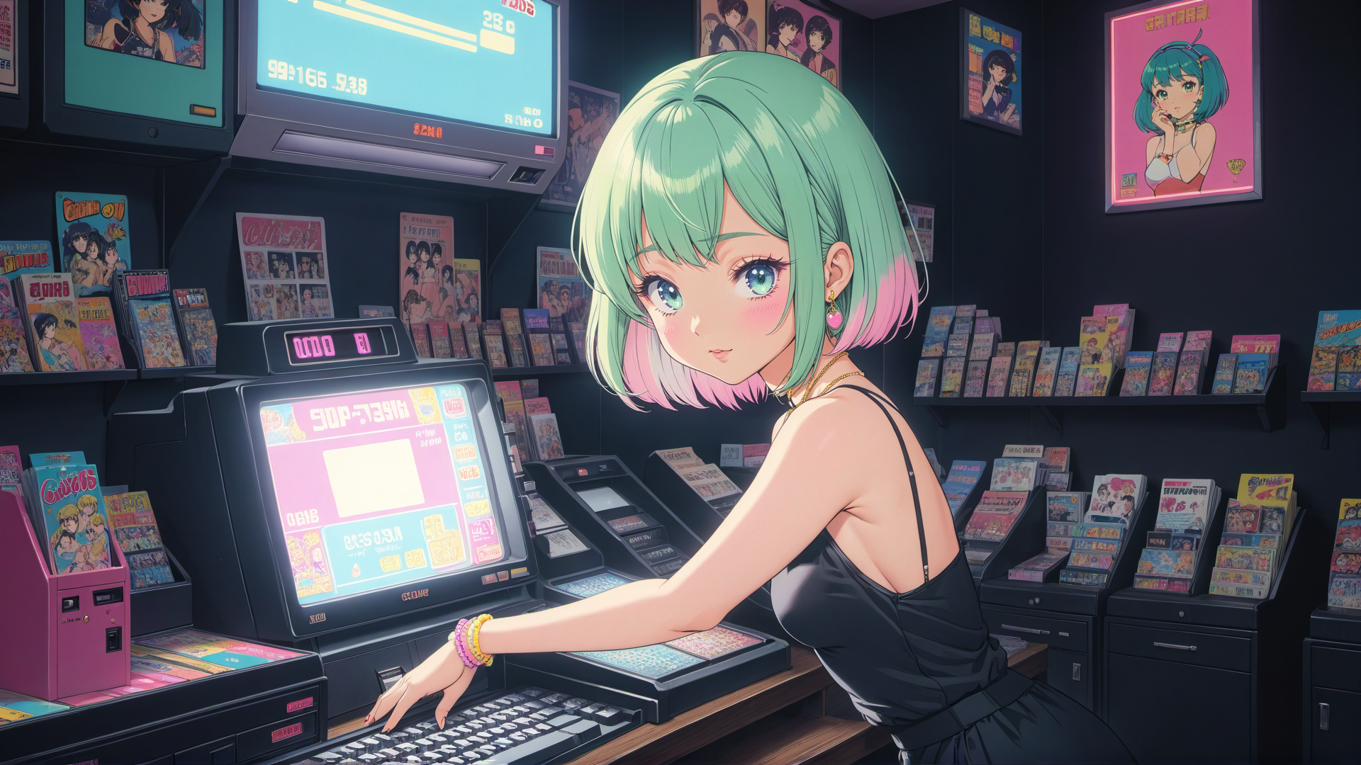 AI generated wallpaper featuring anime girl, arcade machine, magazines