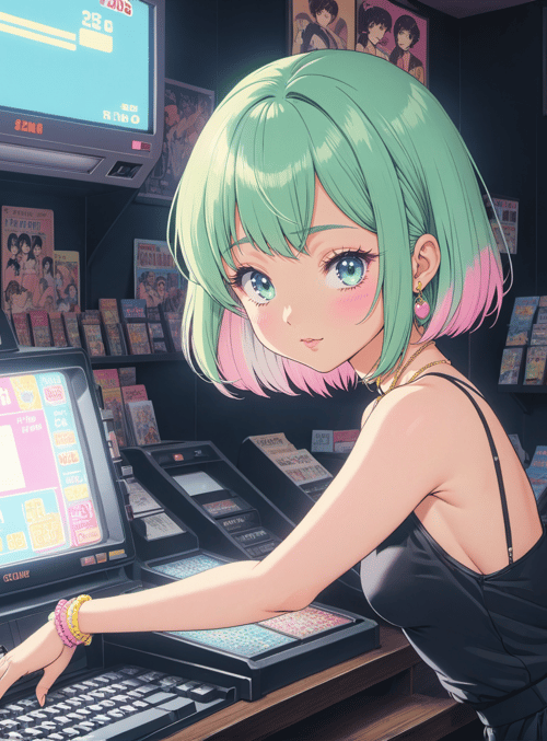 anime girl, arcade machine, magazines