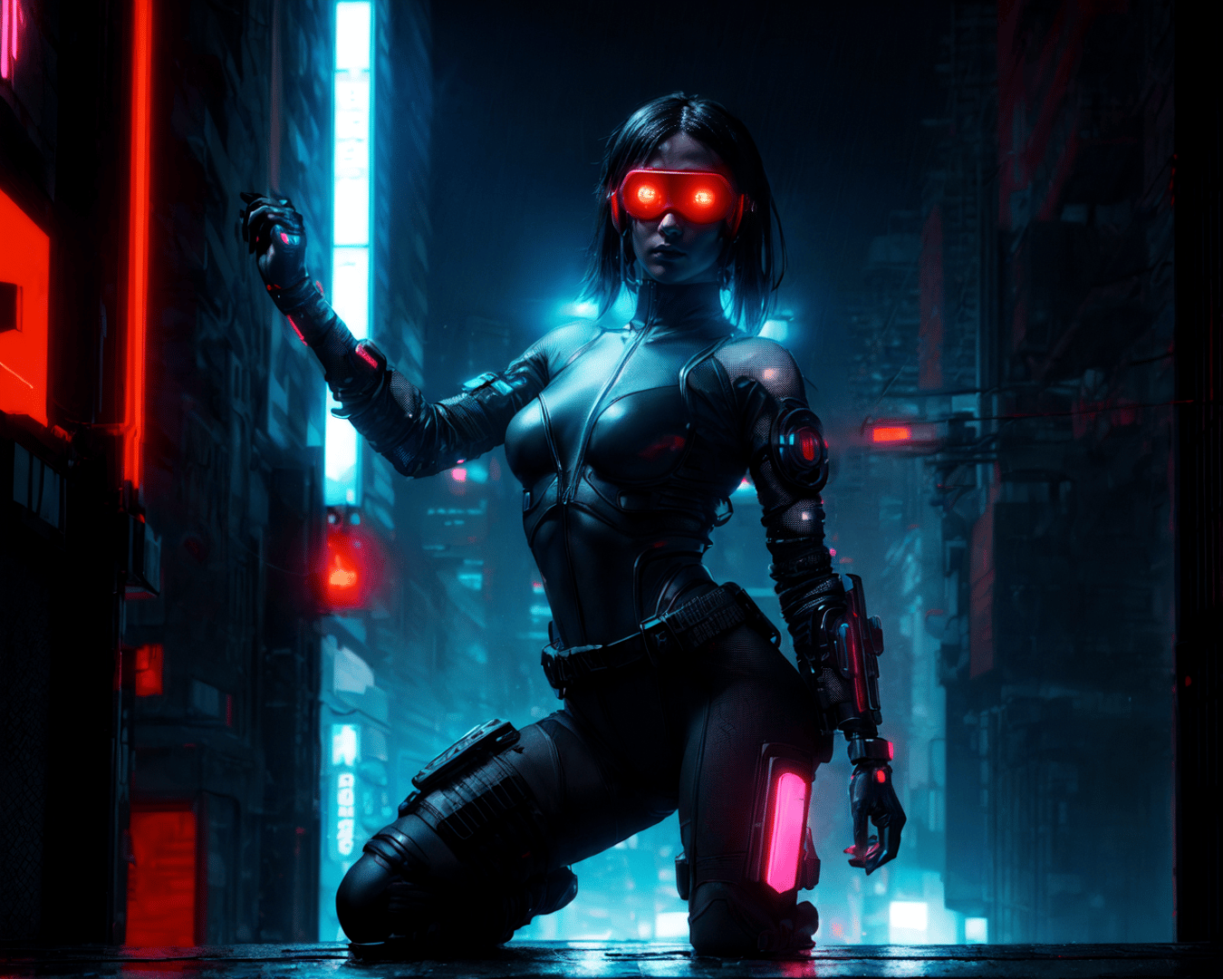 AI generated wallpaper featuring cyborg, woman, street