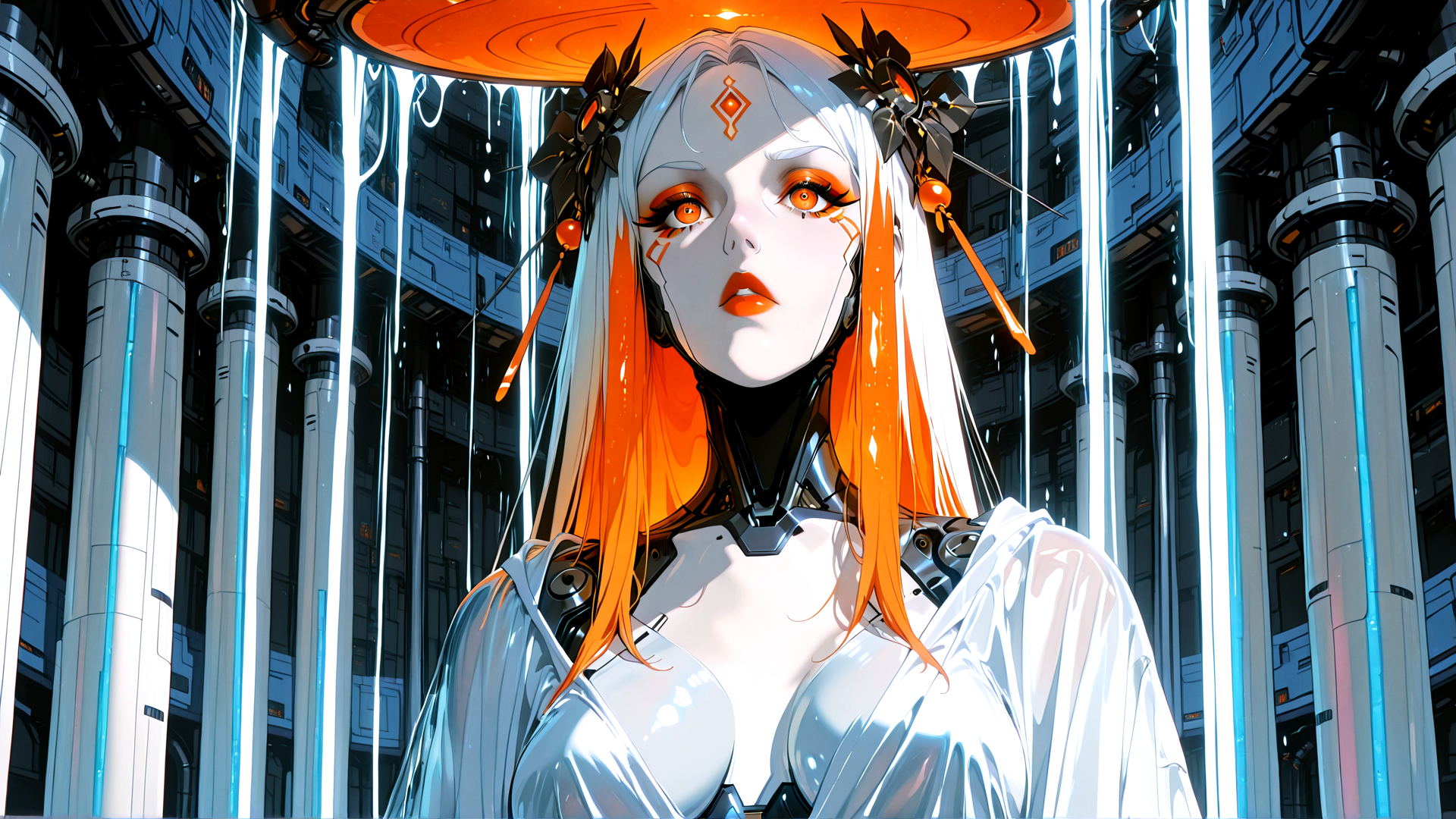 AI generated wallpaper featuring cyborg, woman, robot, glasses, hair, collar, columns, neon, dripping, orb