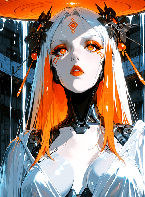 cyborg, woman, robot, glasses, hair, collar, columns, neon, dripping, orb