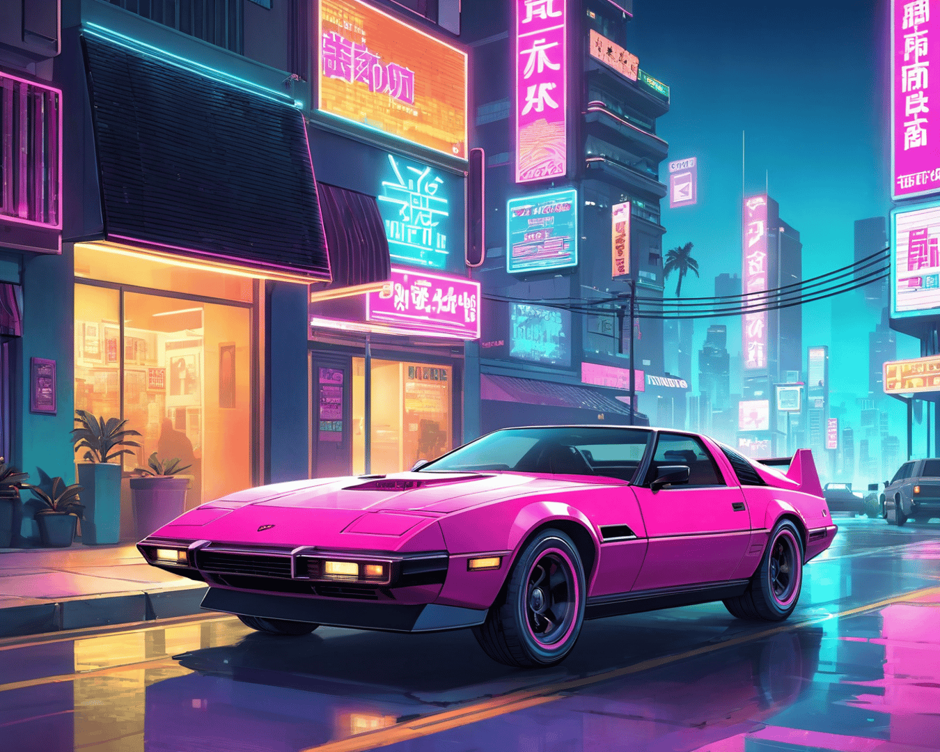 AI generated wallpaper featuring car, city, neon