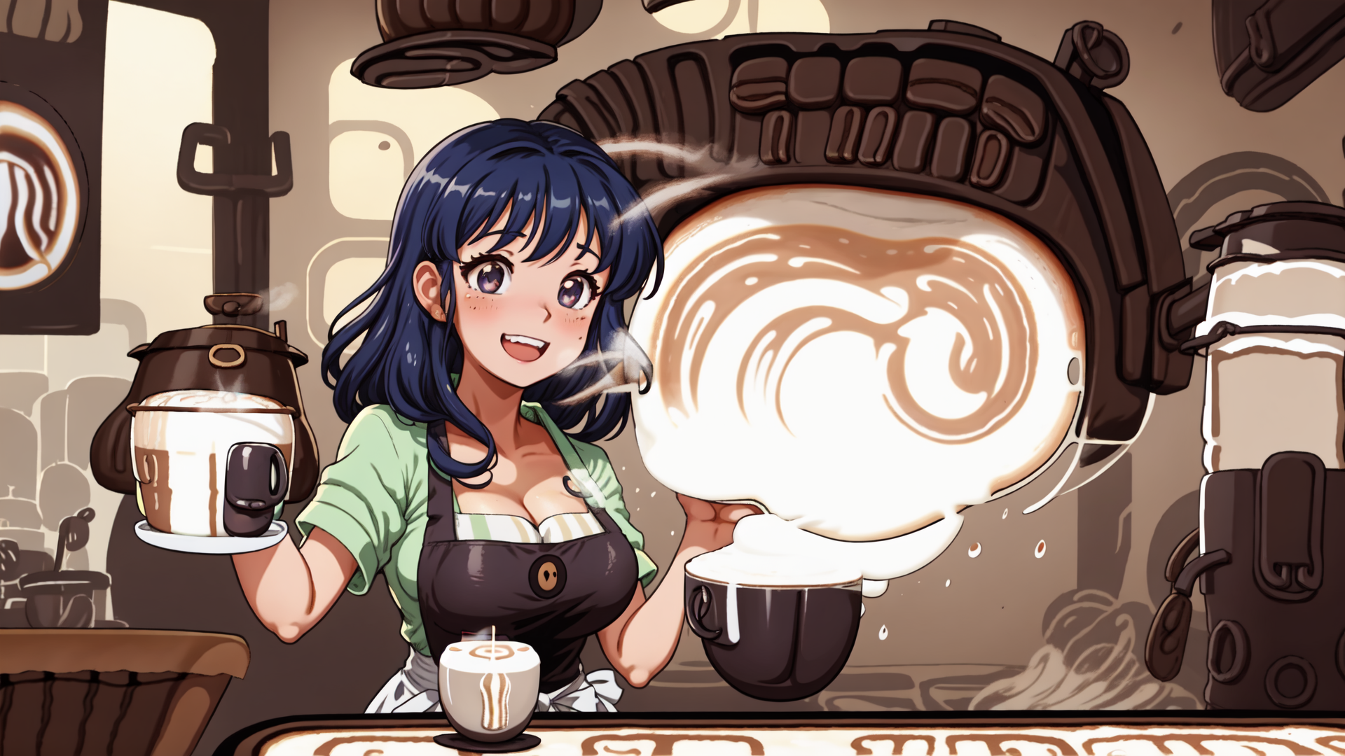 AI generated wallpaper featuring barista, coffee, cup, latte art, apron, cafe, steamer, mug, syringe, kettle